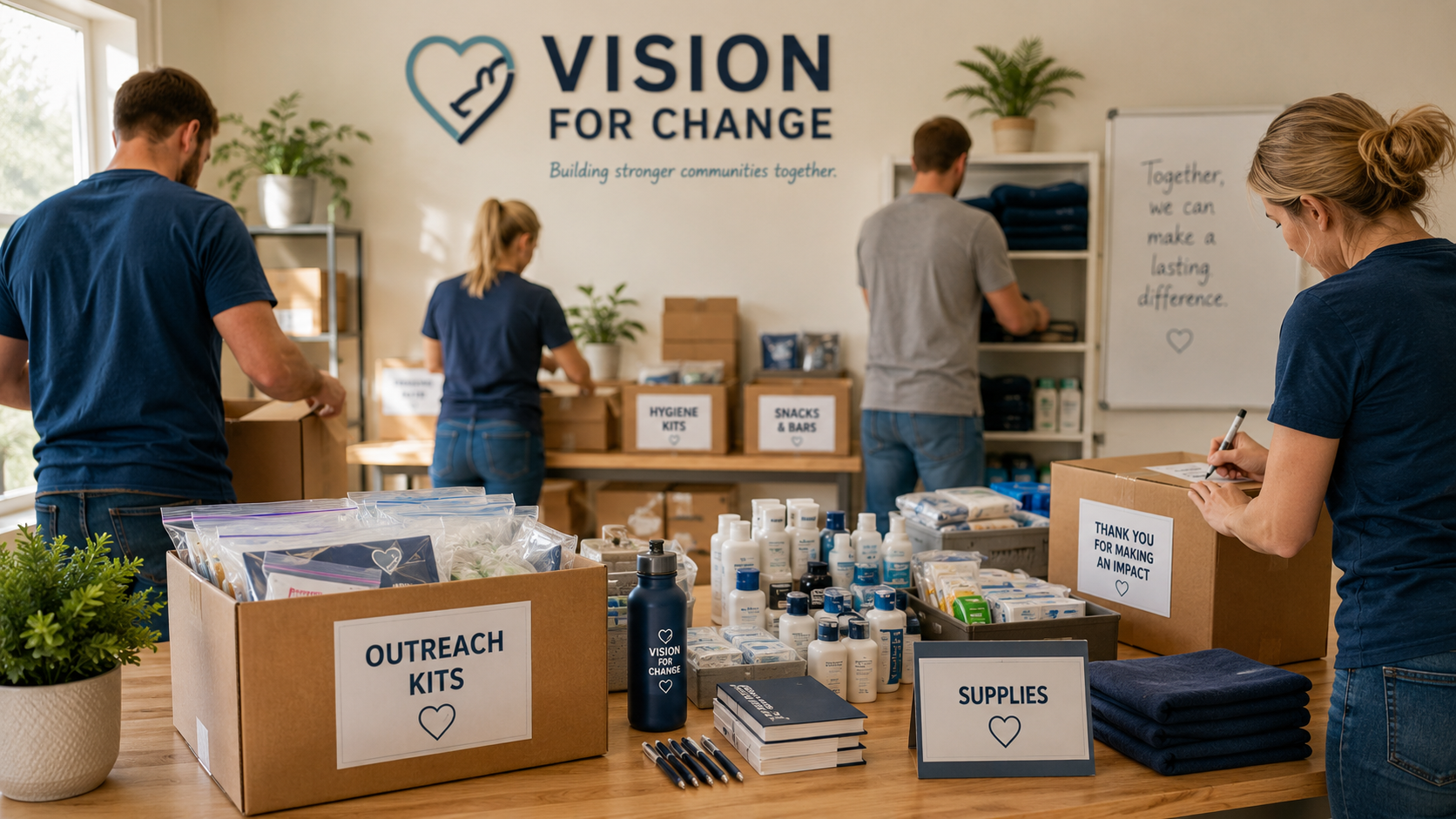 Volunteers preparing supplies for outreach