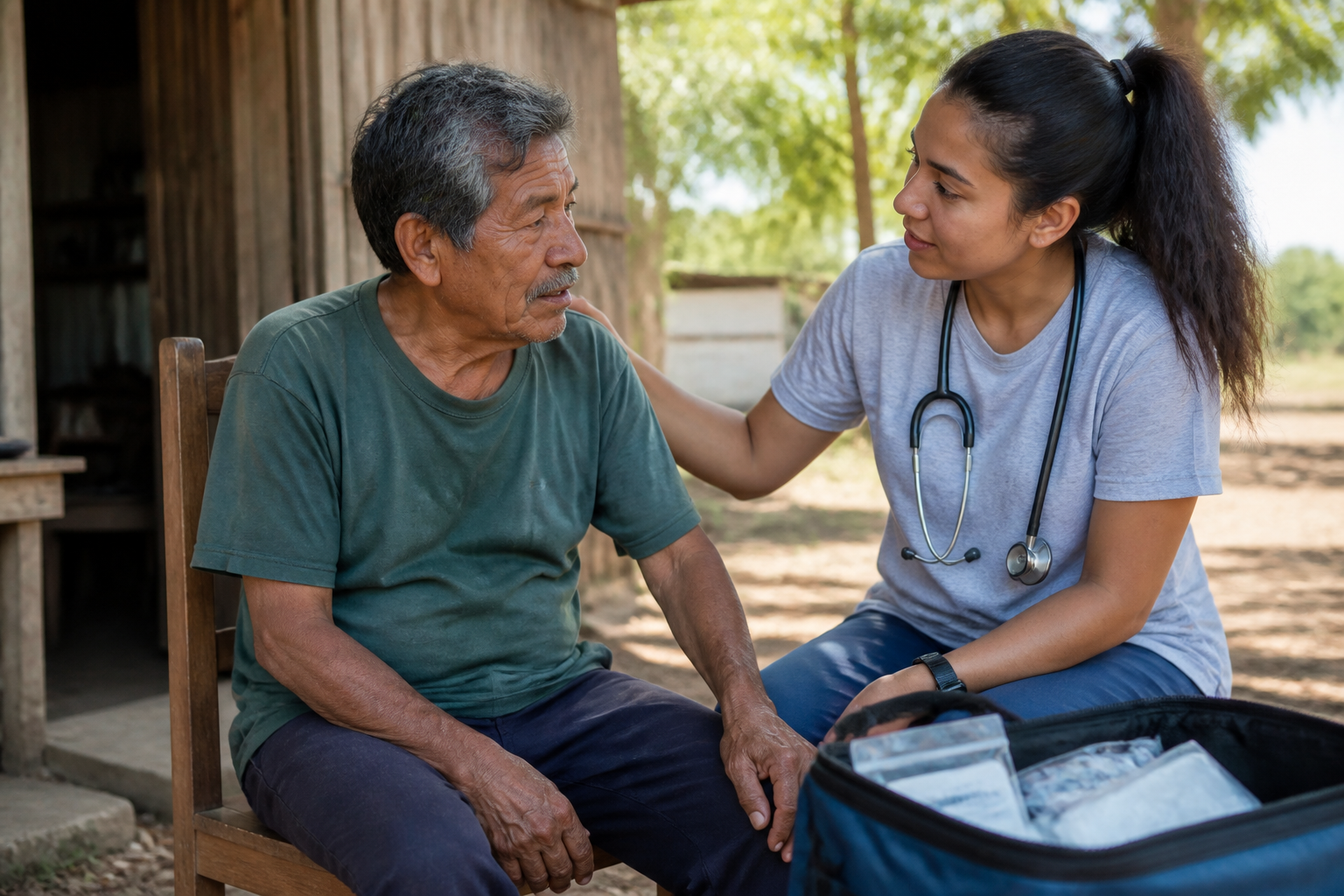 A volunteer offering a wellness check to an older man