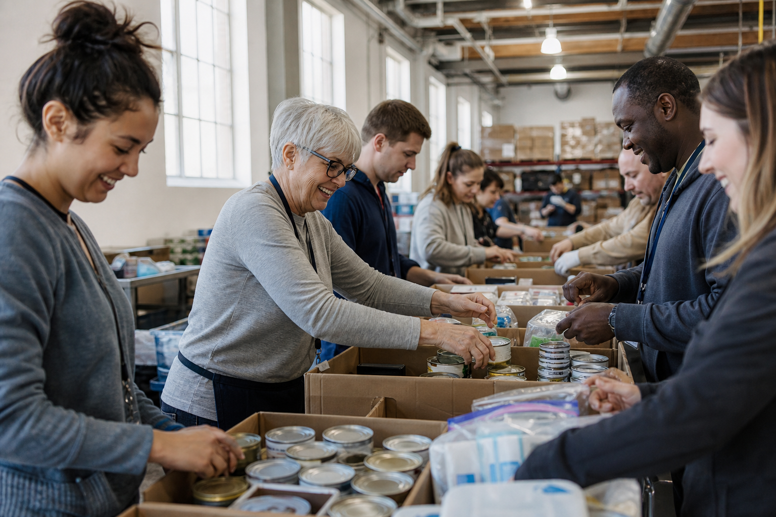 Volunteers packing food and hygiene kits together