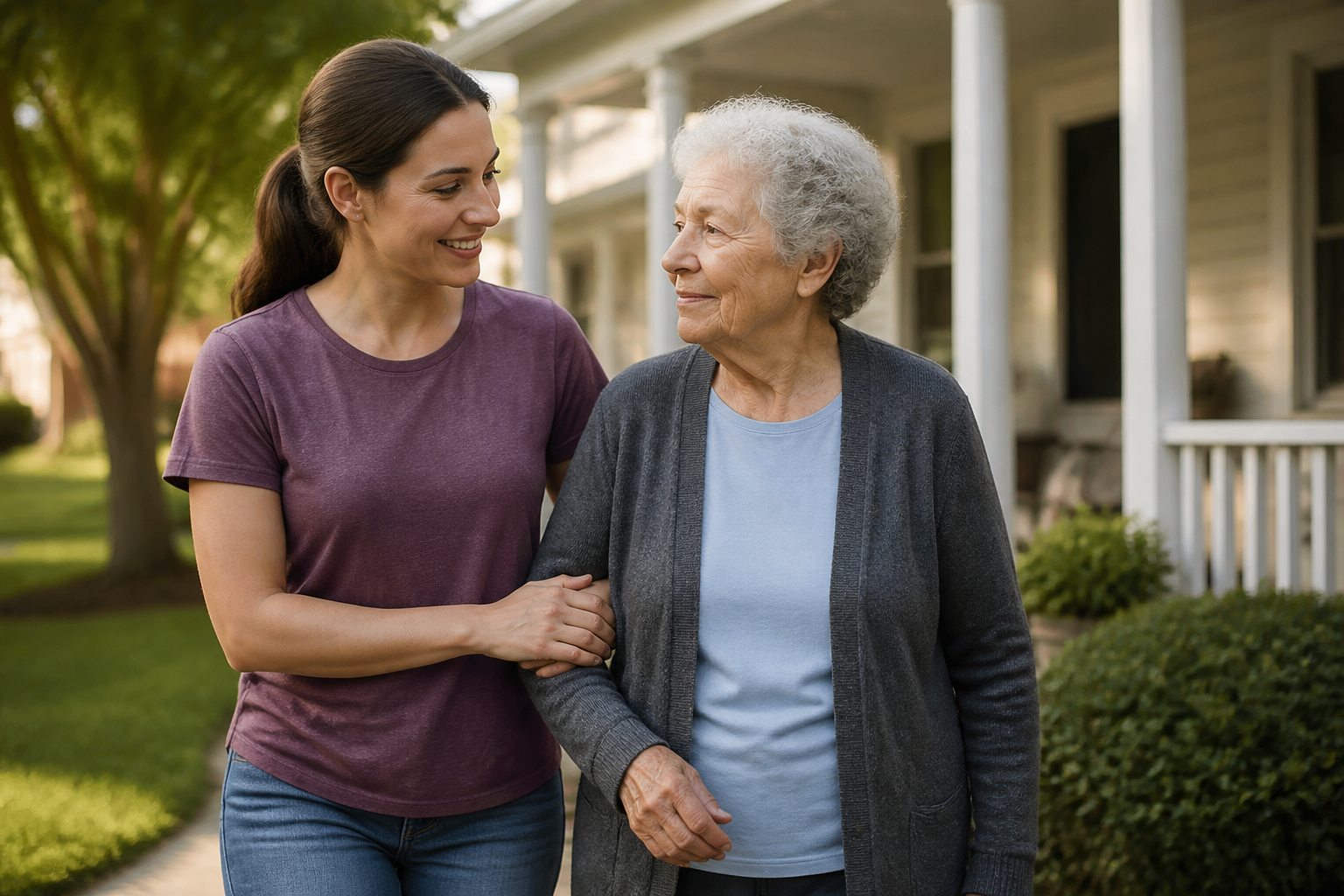 A volunteer walking with an older adult near a home
