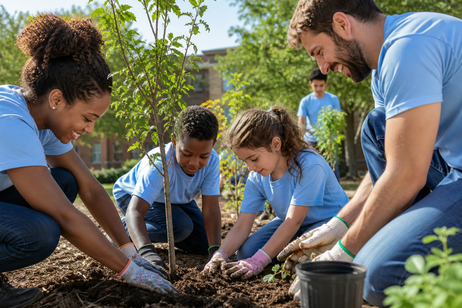 Volunteers and children planting trees in a community garden