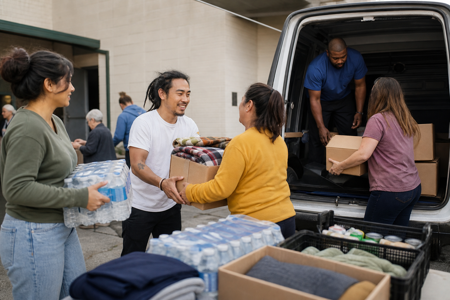 Volunteers unloading water and relief supplies